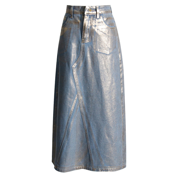 Metallic Foil Blue and Gold Hybrid High Waist A Line Midi Denim Skirt