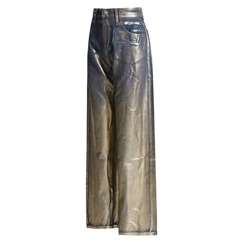 Metallic Foil Ombre High Waist Pocket Wide Leg Baggy Boyfriend Jeans
