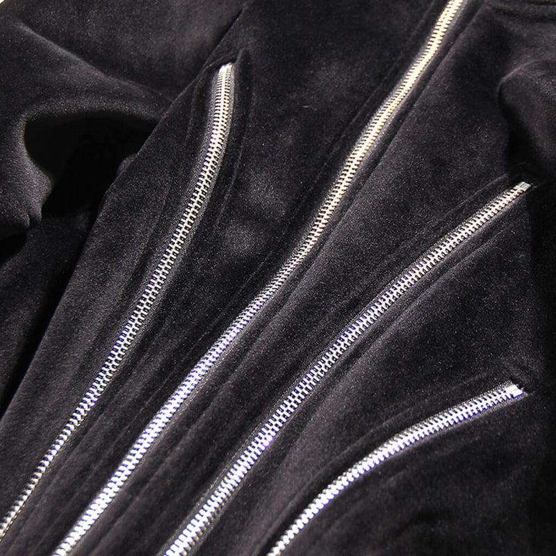 Metallic Multiple Zip Detail Long Sleeve Banded Crop Velvet Hoodie