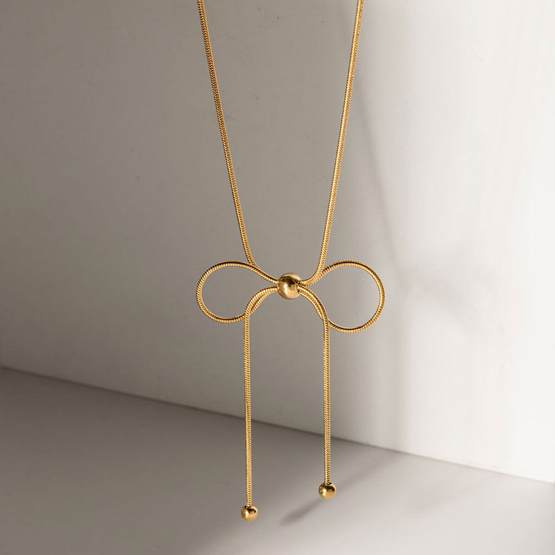 Minimalist 18K Gold Plated Big Bow Knot Pendant Snake Chain Necklace