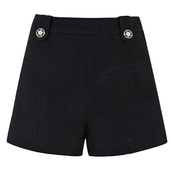 Minimalist Beaded Button Embellished High Waist Wool Blend Shorts