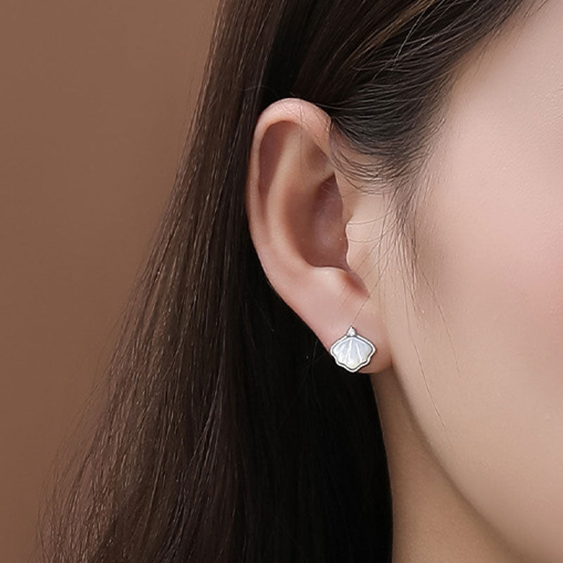 Mother of Pearl Rhodium Plated Cubic Zirconia Ginkgo Leaf Stud Earrings