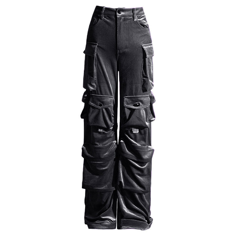 Offbeat Low Waist Multiple Pocket Wide Leg Polished Velvet Cargo Pants