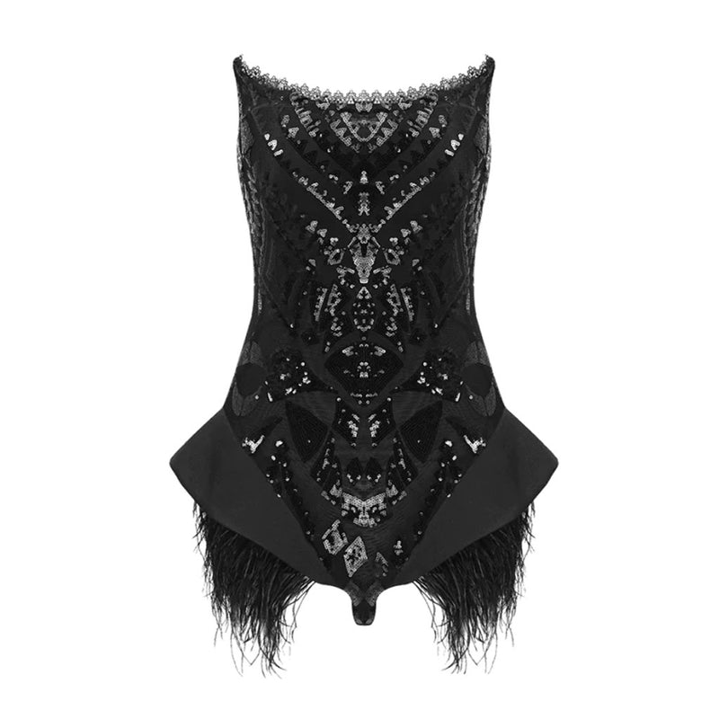Old Hollywood Scoop Neck Ruffle Faux Feather Sequin Lace Party Tube Bodysuit