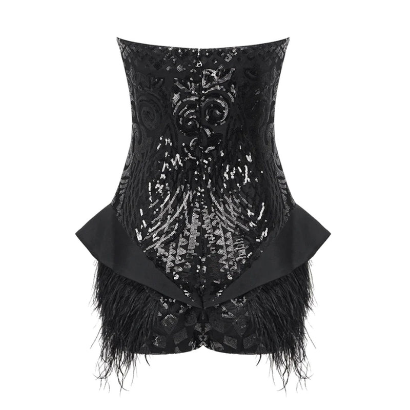 Old Hollywood Scoop Neck Ruffle Faux Feather Sequin Lace Party Tube Bodysuit
