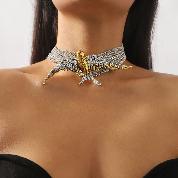 Opulent Crystal Exaggerated Bird Layered Tennis Choker Necklace