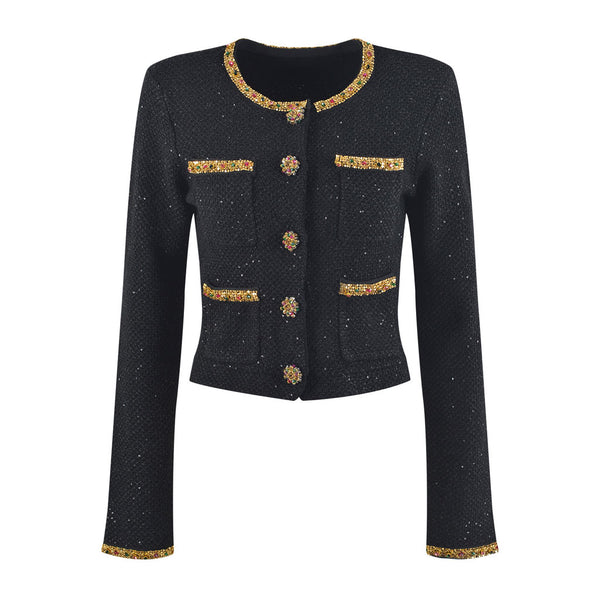 Opulent Crystal Trim Crew Neck Button Up Cropped Wool Knit Sequin Cardigan
