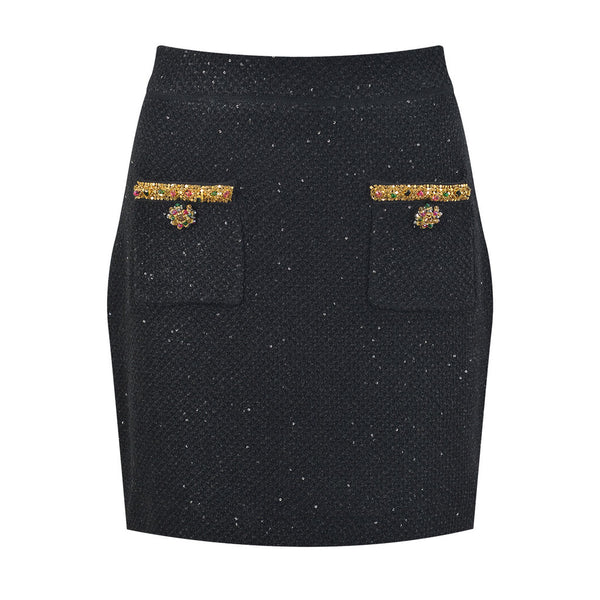 Opulent Crystal Trim High Waist Patch Pocket Bodycon Wool Knit Sequin Mini Skirt