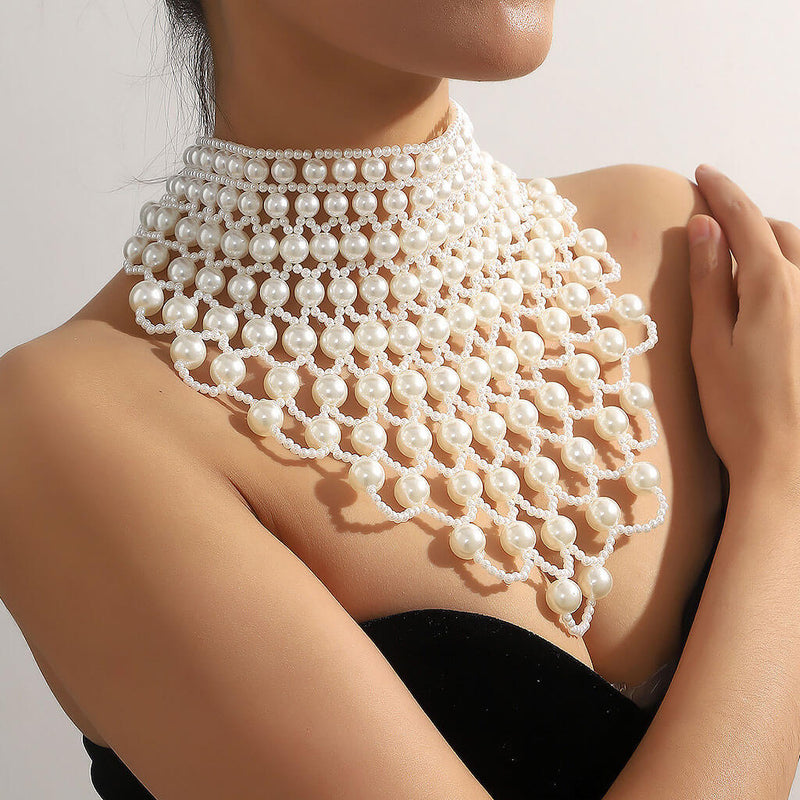 Opulent Hollowed Layered Imitation Baroque Pearl Bib Choker Body Chain