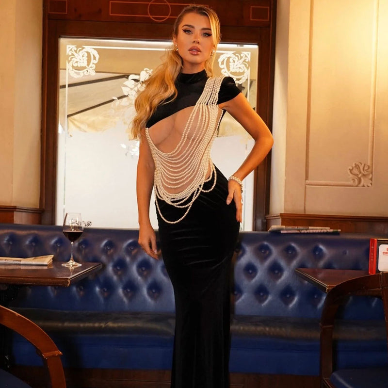 Opulent Pearl Chain Sheer Mesh Short Sleeve Velvet Maxi Fishtail Dress