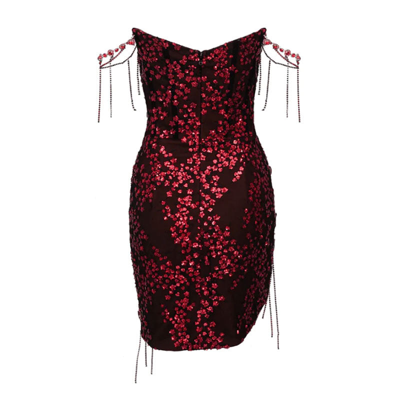Opulent Sequined Rhinetone Fringe Semi Sheer Micro Short Sleeveless Corset Dress