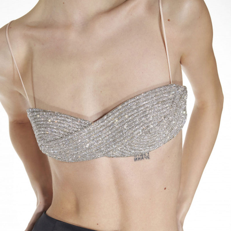 Opulent Sweetheart Neck Spaghetti Strap Silver Crystal Embellished Bra Top
