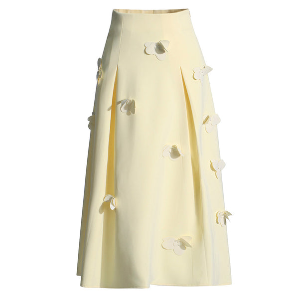 Pretty 3D Petal Applique High Waist Pleated Trim A Line Midi Skirt