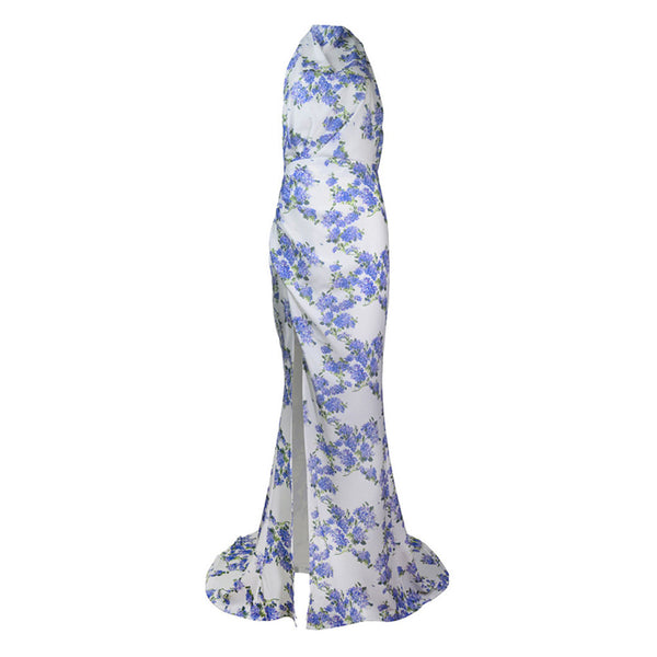 Refine Halter Ruched Floral Printed Backless Sleeveless Split Maxi Evening Dress