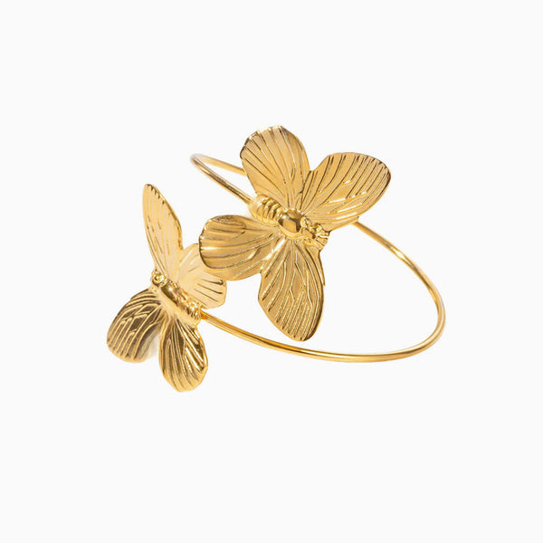 Retro 18K Gold Plated Textured Double Butterfly Open Cuff Bangle Bracelet