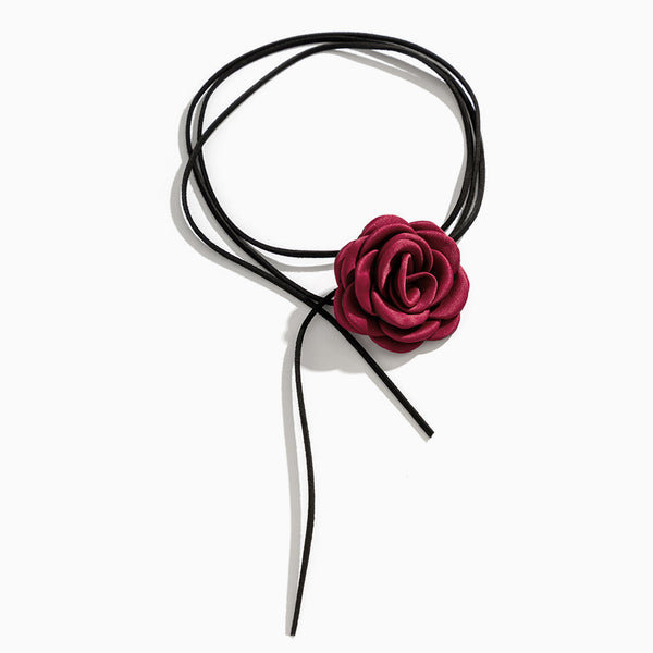 Retro Blossom Silky 3D Rosette Suede Cord Tie Wrap Choker Necklace