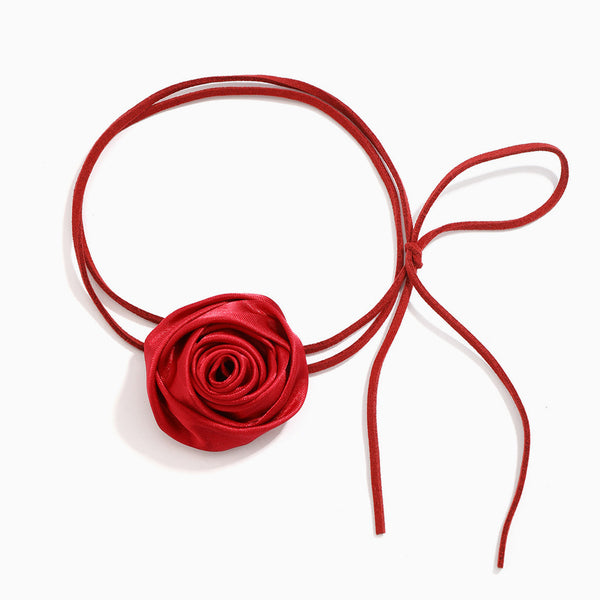 Retro Blossoming Satin Rosette Suede Cord Tie Wrap Choker Necklace