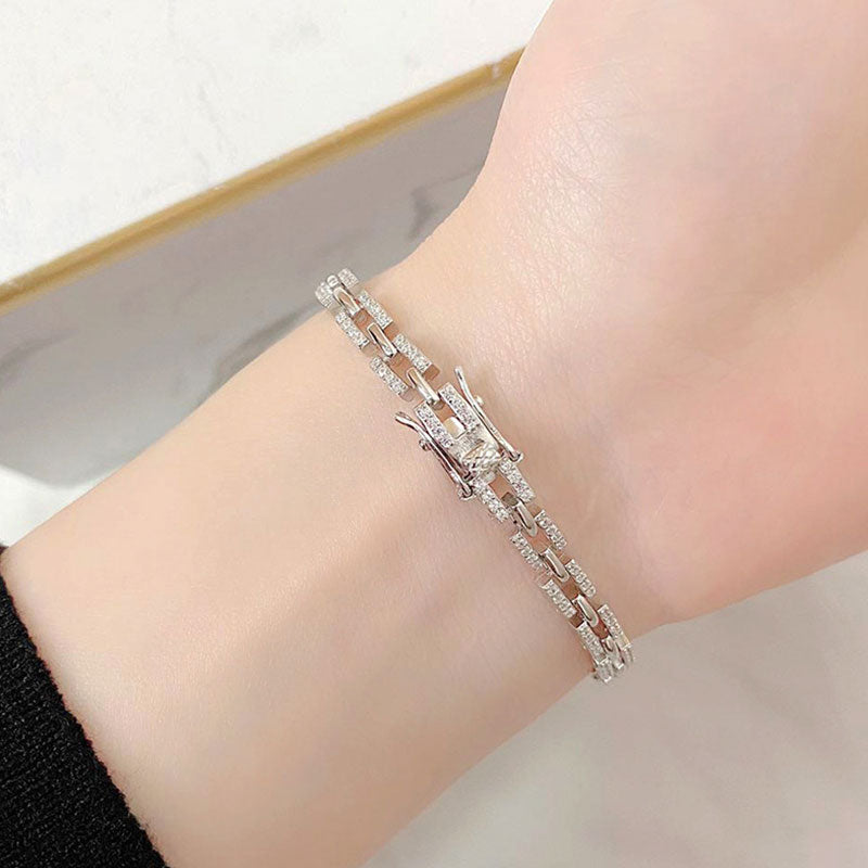 Rhodium Plated Sterling Silver Moissanite Paved Tank Chain Bracelet