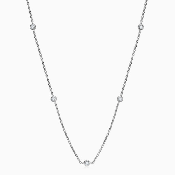 Rolo Chain Rhodium Plated Sterling Silver Moissanite Droplet Station Necklace