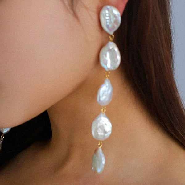 Romantic 18K Gold Plated Long Natural Baroque Pearl Drop Earrings