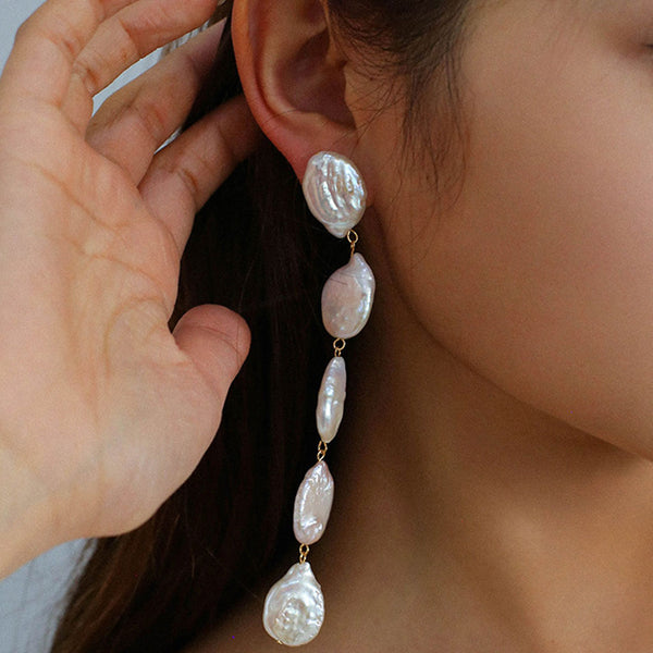 Romantic 18K Gold Plated Long Natural Baroque Pearl Drop Earrings