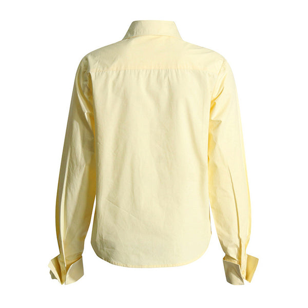 Romantic Rosette Applique Collared Button Up Long Sleeve Crepe Cotton Shirt