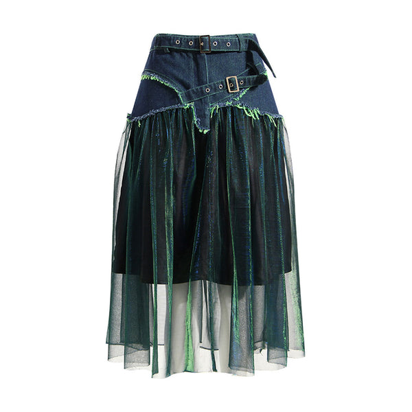 Sassy Belted Frayed Denim Panel Holographic Tiered Tulle Midi Skirt