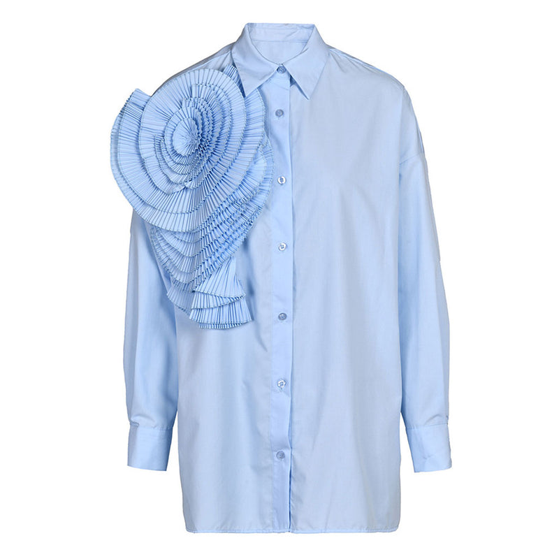 Sculptural Pleated Petal Pointed Collar Long Sleeve Button Down Oversized Shirt