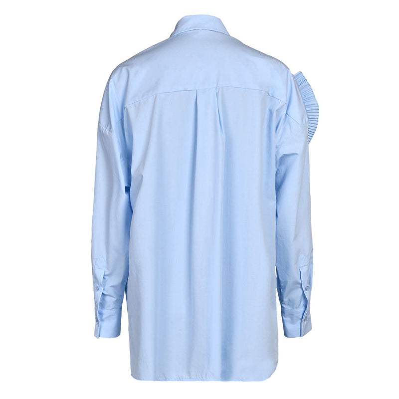 Sculptural Pleated Petal Pointed Collar Long Sleeve Button Down Oversized Shirt