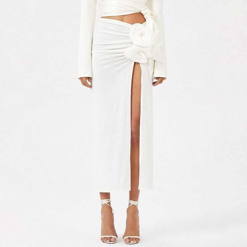 Sexy 3D Rosette Ruched Trim High Waist High Split Bodycon Midi Skirt