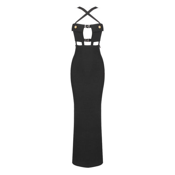 Sexy Crossover Front Chest Pocket Cutout Buckled Strap Split Maxi Evening Dress