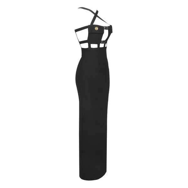 Sexy Crossover Front Chest Pocket Cutout Buckled Strap Split Maxi Evening Dress