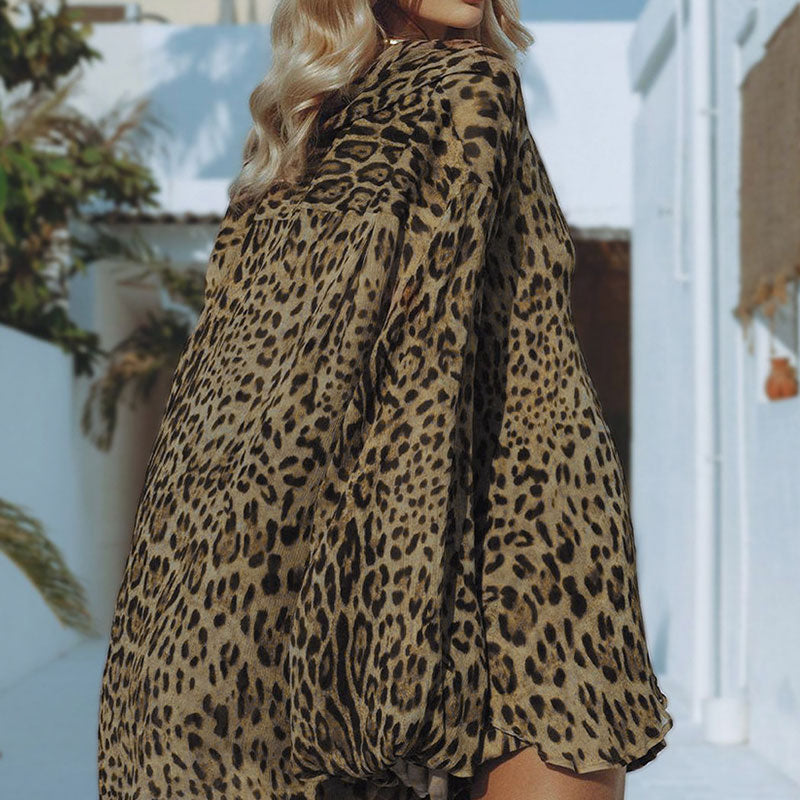 Sexy Leopard Print High Low Blouse Wide Leg Shorts Semi Sheer Lounge Set