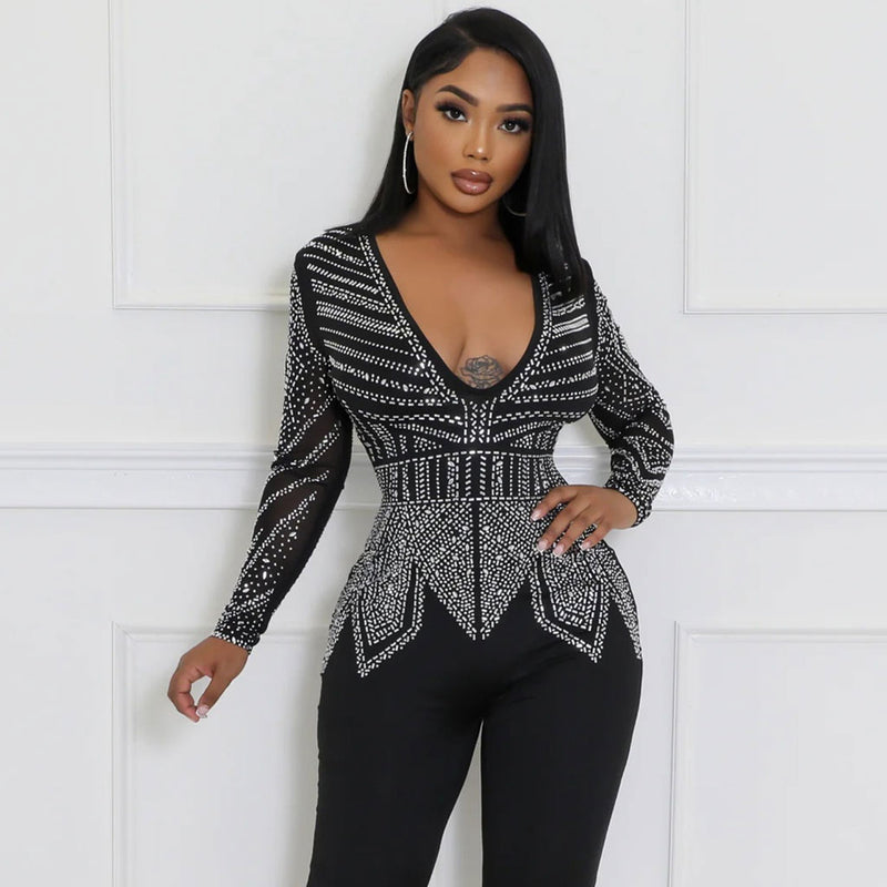 Sexy Plunge V Neck Sheer Long Sleeve Glitter Crystal Bodycon Party Jumpsuit