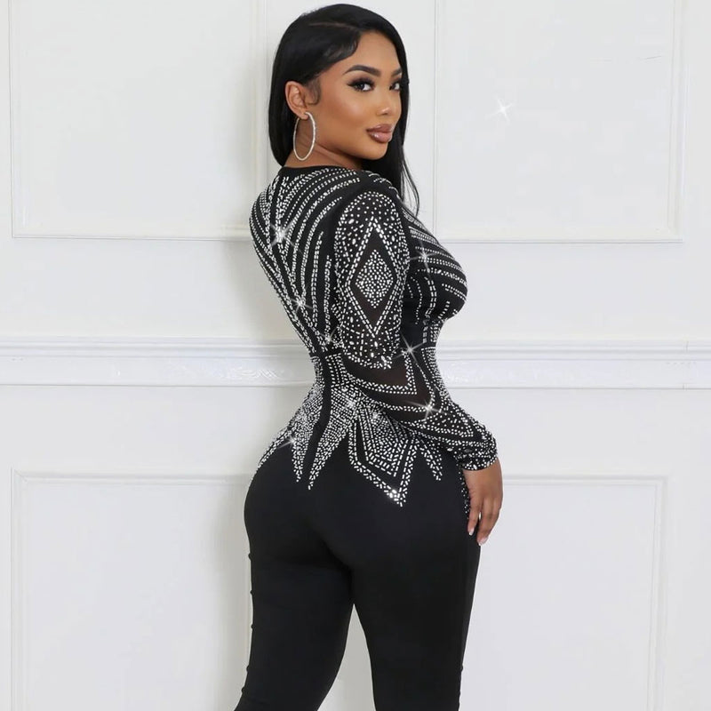 Sexy Plunge V Neck Sheer Long Sleeve Glitter Crystal Bodycon Party Jumpsuit