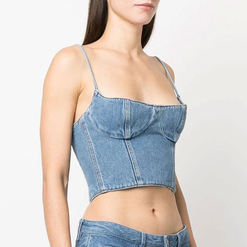 Sexy Spaghetti Strap Smocked Back Cropped Bustier Demin Tank Top
