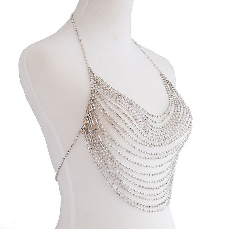 Shimmering Cubic Zirconia Chain Link Layered Body Chain Halter Top