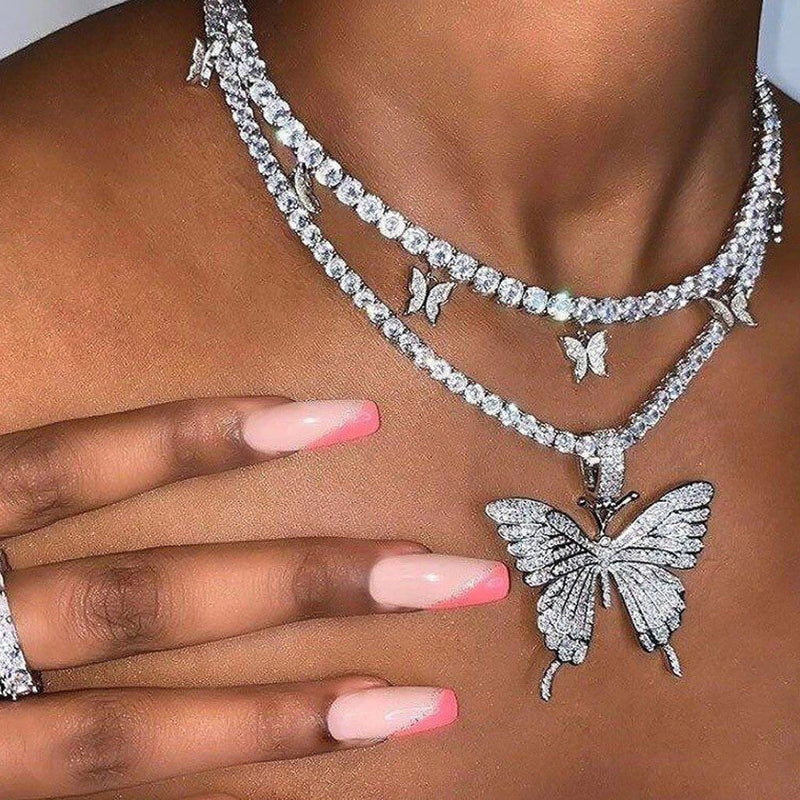 Sparkle Station Paved Butterfly Pendant Crystal Tennis Choker Necklace