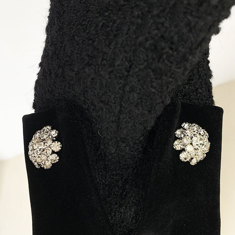 Sparkly Crystal Bowknot Embellished Velvet Collar Long Sleeve Tweed Crop Jacket
