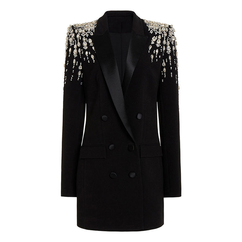 Sparkly Crystal Padded Sleeve Satin Peak Lapel Double Breasted Long Tailored Blazer
