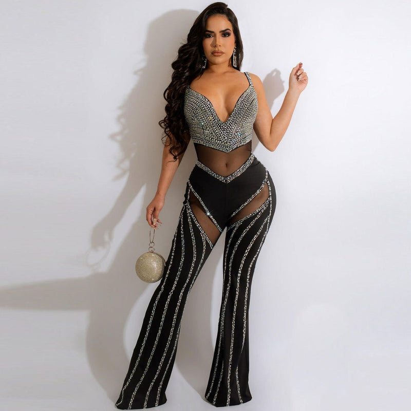 Sparkly Crystal Plunge Neck Sheer Mesh Panel Wide Leg Sleeveless Party Jumpsuit