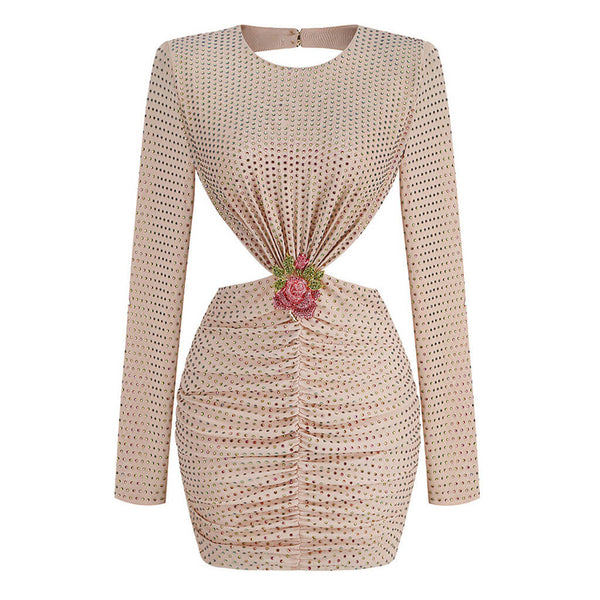Sparkly Crystal Rosette Corsage Cutout Backless Padded Long Sleeve Mini Party Dress