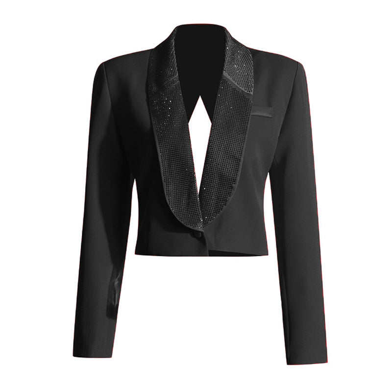 Sparkly Crystal Shawl Collar Cutout Back One Button Cropped Tailored Blazer