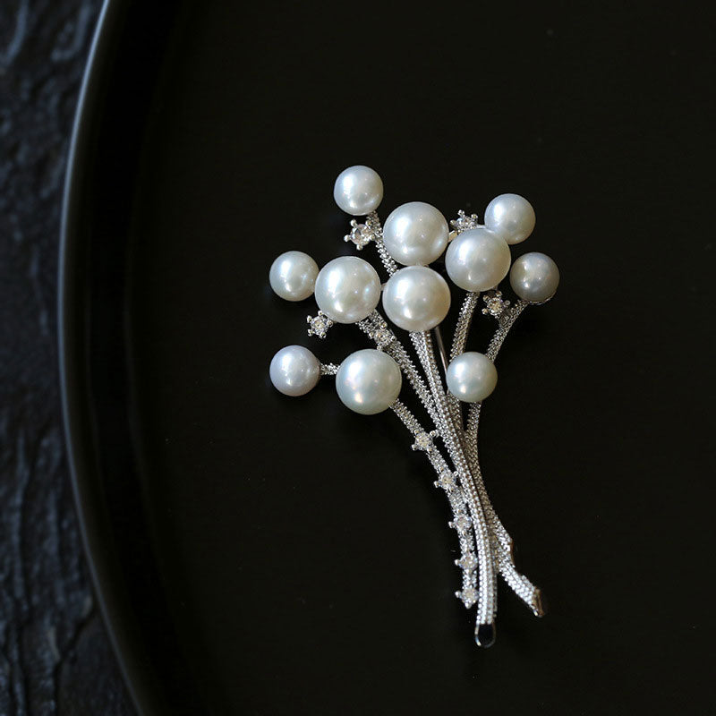 Sparkly Cubic Zirconia Rhodium Plated Freshwater Pearl Bouquet Brooch