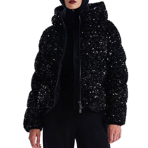 Sparkly Sequin Embellished Hooded Zip Up Oversized Velvet Down Puffer Jacket