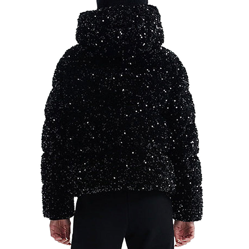 Sparkly Sequin Embellished Hooded Zip Up Oversized Velvet Down Puffer Jacket