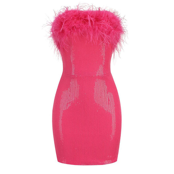 Hot Pink Feather Homecoming Dresses Bodycon Mini Strapless