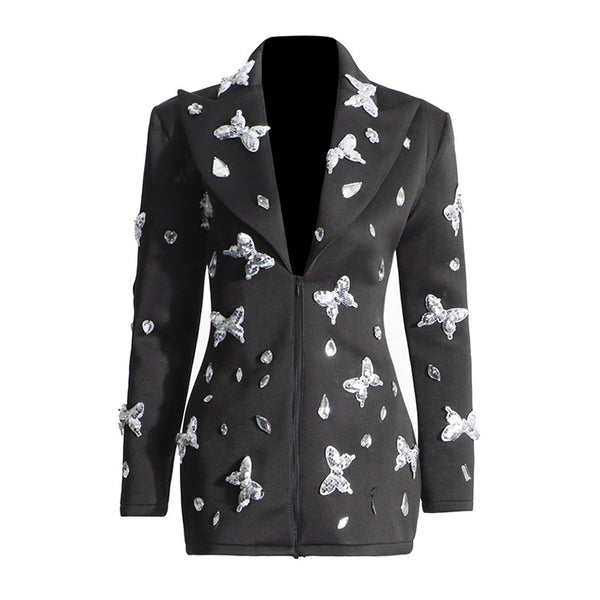 Sparkly Sequined Butterfly Crystal Peak Lapel Zip Front Cinched Waist Blazer