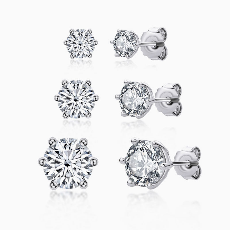 Sparkly Sterling Silver Six Prong Basket Set Moissanite Solitaire Stud Earrings