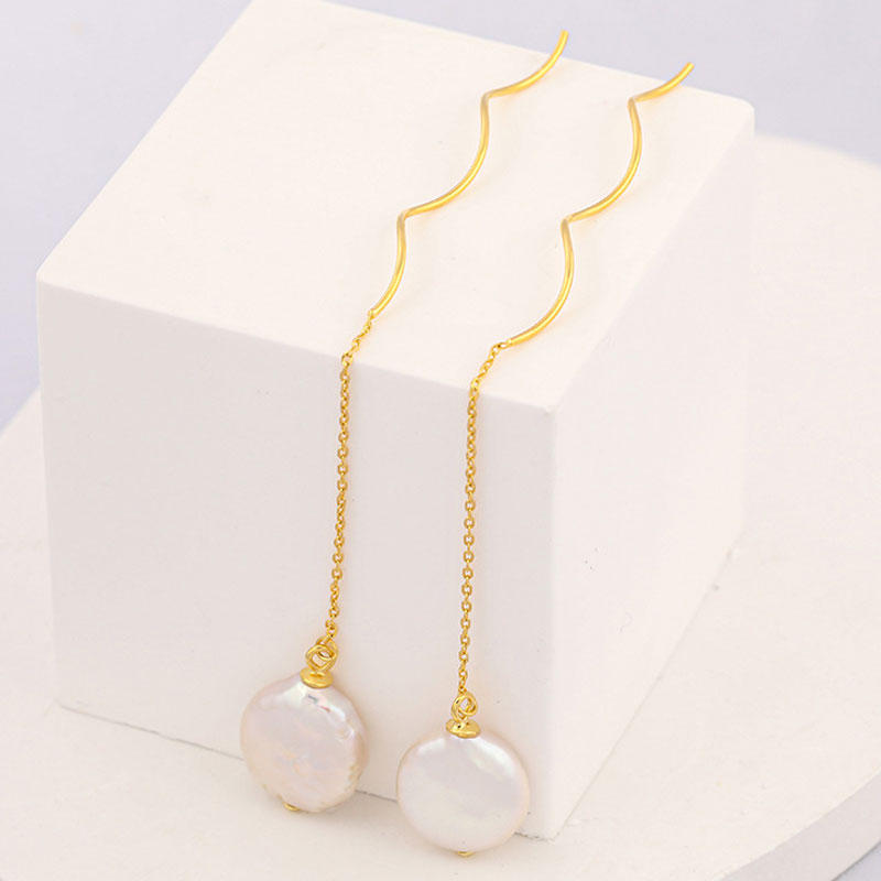 Spiral Wire Threader Cable Chain Coin Baroque Pearl Drop Earrings